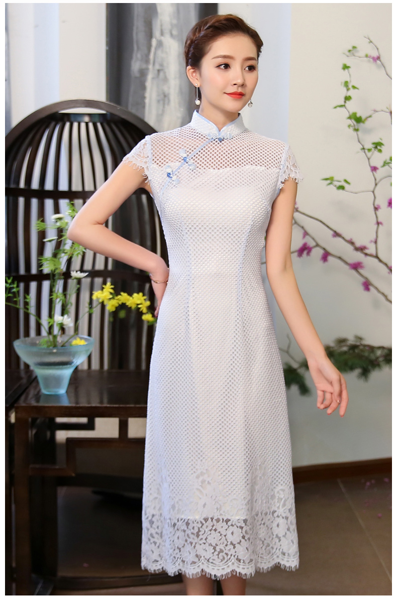 清爽伊人淡藍(lán)色旗袍，網(wǎng)狀鏤空旗袍裙
