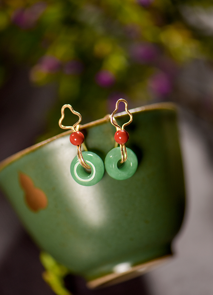 疏香耳環(huán)：天然翡翠平安扣朱砂耳飾首飾