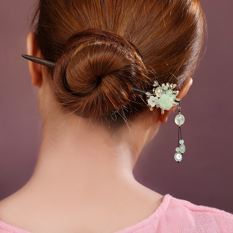 淡綠古風花朵發(fā)簪：古典素雅簪子頭飾