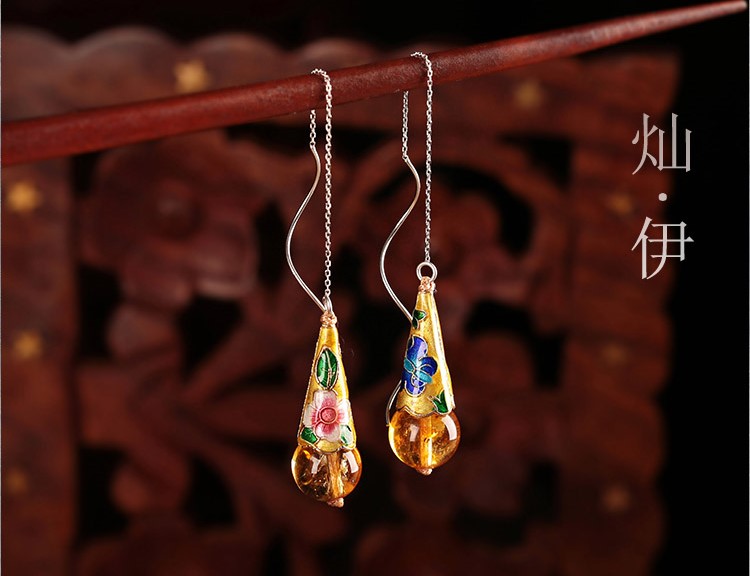 華麗古風(fēng)耳環(huán)，黃亮景泰藍(lán)純銀耳線首飾