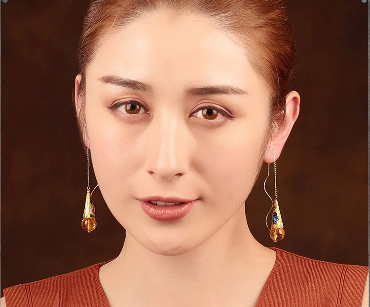華麗古風(fēng)耳環(huán)，黃亮景泰藍(lán)純銀耳線首飾