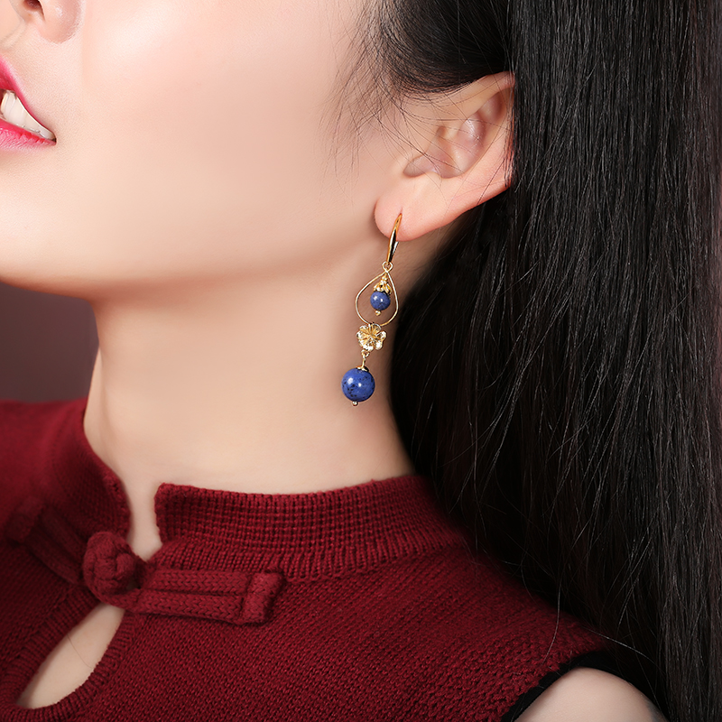 民族風(fēng)森系耳環(huán)，水墨藍(lán)紋石首飾