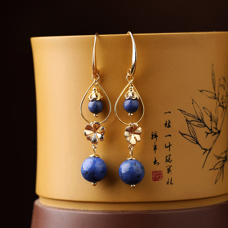 民族風(fēng)森系耳環(huán)，水墨藍(lán)紋石首飾