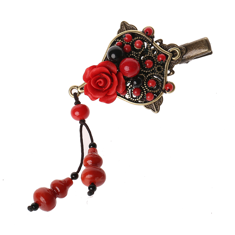 紅色雕漆復(fù)古頭飾，玫瑰花朵發(fā)夾