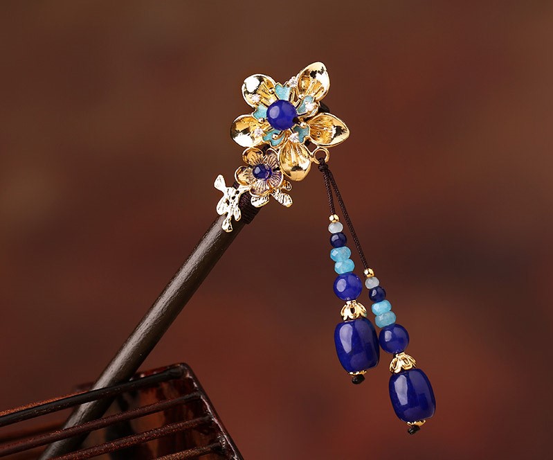 中式手工木簪子，藍(lán)色發(fā)簪頭飾