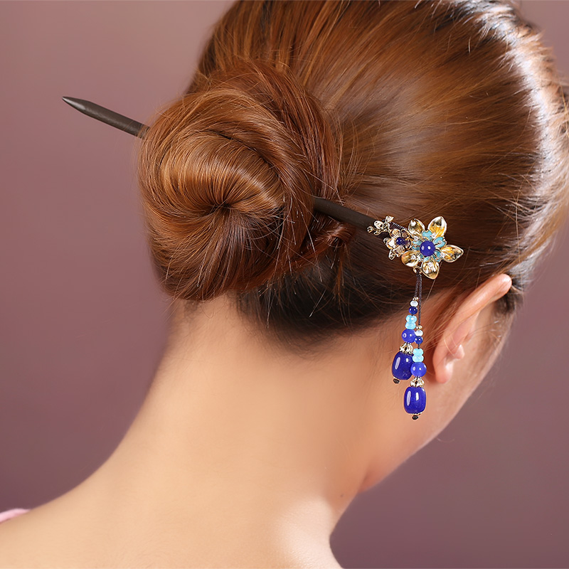 中式手工木簪子，藍(lán)色發(fā)簪頭飾