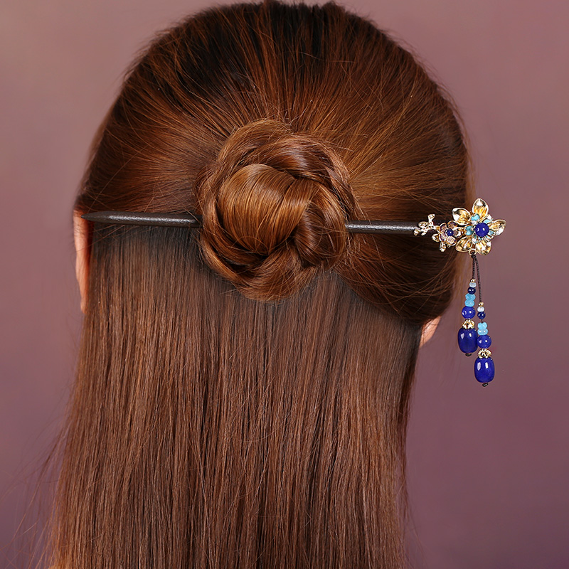 中式手工木簪子，藍(lán)色發(fā)簪頭飾