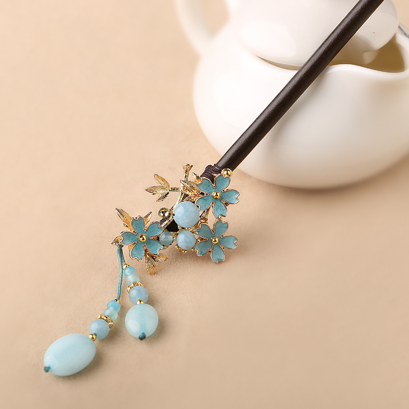 藍色小花發(fā)簪，清秀雅致的古風頭飾
