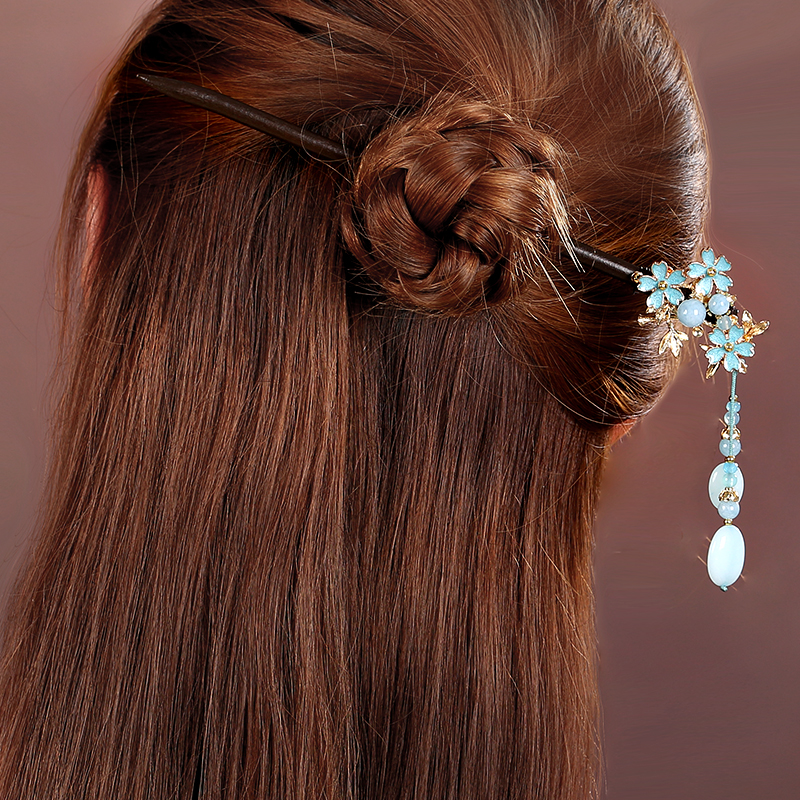 藍色小花發(fā)簪，清秀雅致的古風頭飾