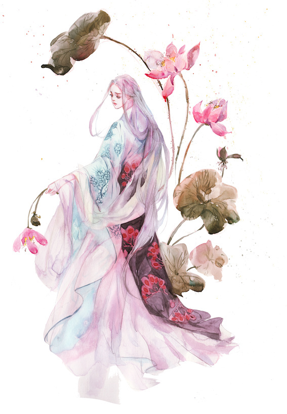 水彩古風女子圖集，夢幻粉色少女古風圖片