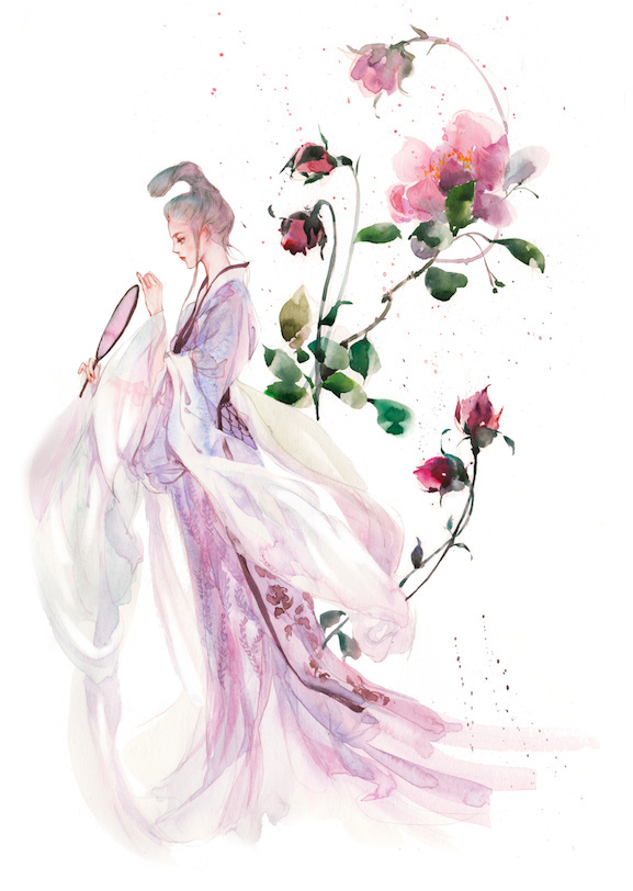水彩古風女子圖集，夢幻粉色少女古風圖片
