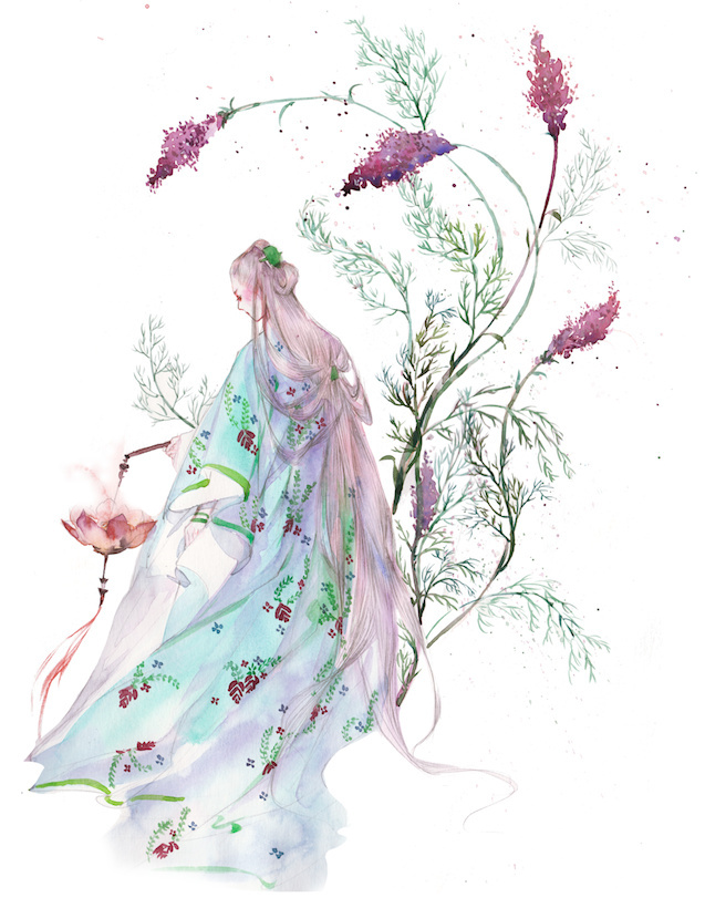 水彩古風女子圖集，夢幻粉色少女古風圖片