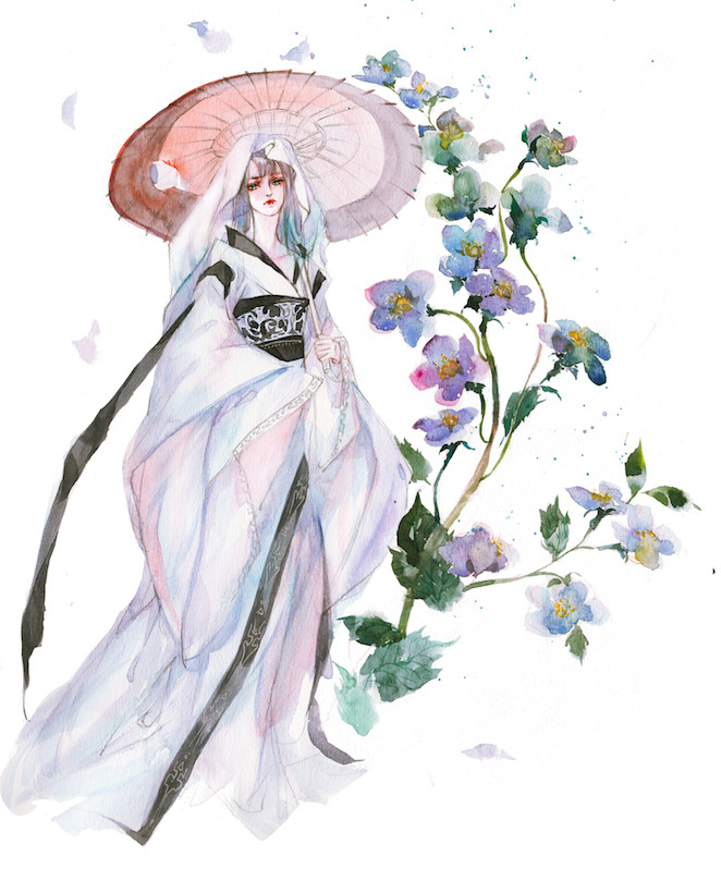 水彩古風女子圖集，夢幻粉色少女古風圖片