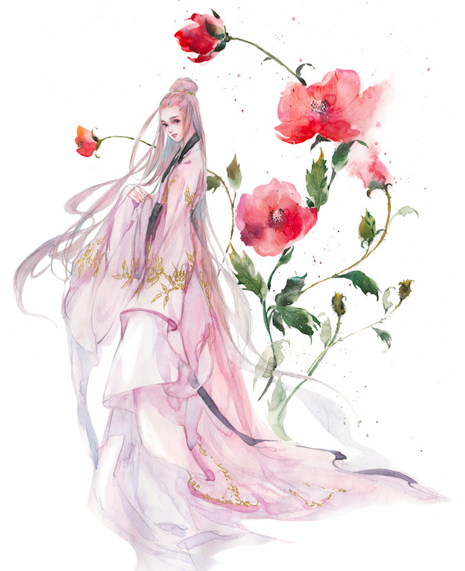 水彩古風女子圖集，夢幻粉色少女古風圖片