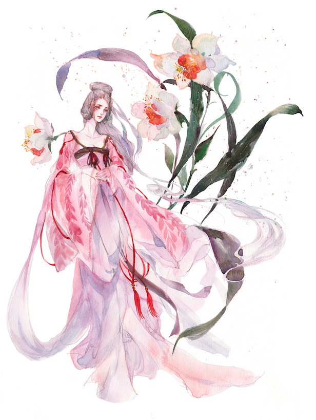 水彩古風女子圖集，夢幻粉色少女古風圖片
