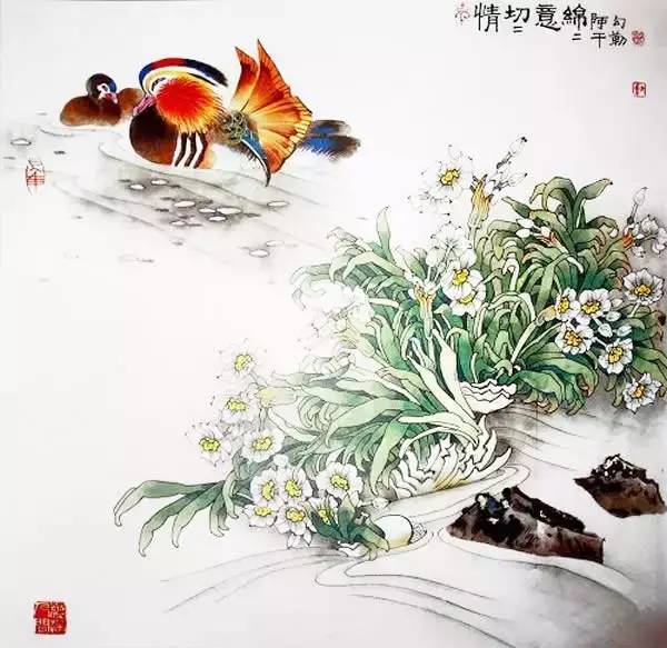 鴛鴦戲水圖集(18張)，好漂亮的國畫圖片