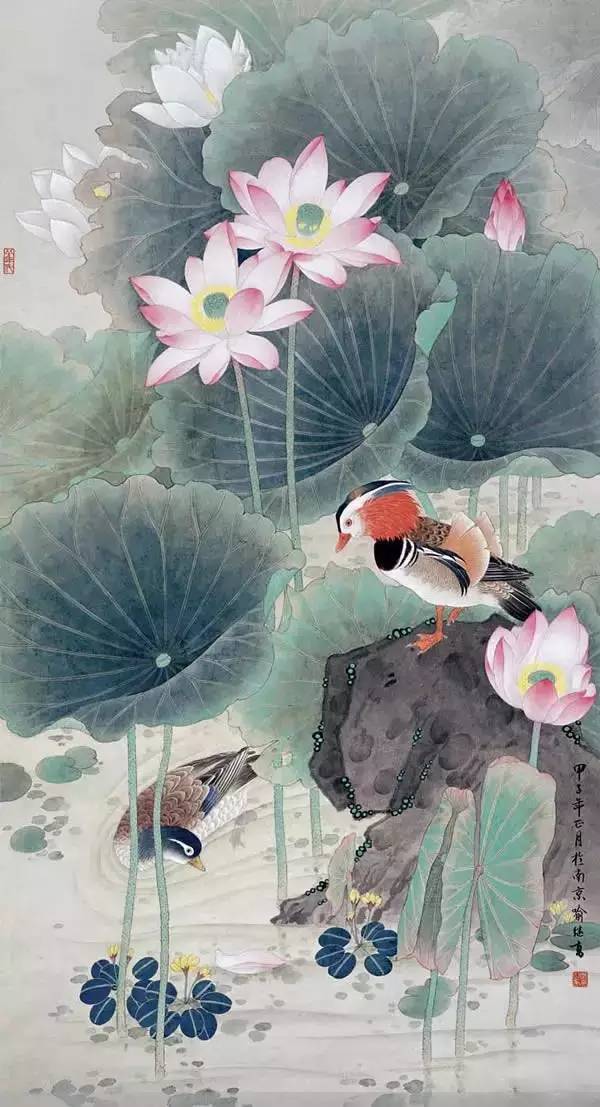 鴛鴦戲水圖集(18張)，好漂亮的國畫圖片