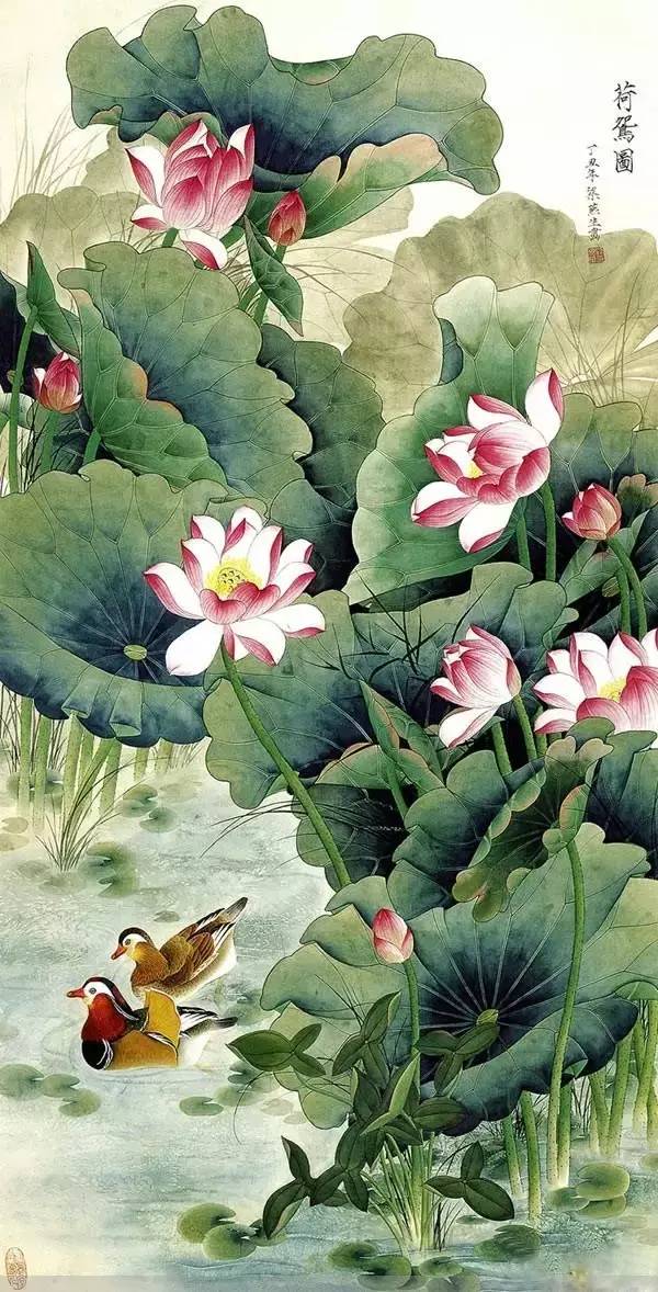 鴛鴦戲水圖集(18張)，好漂亮的國畫圖片