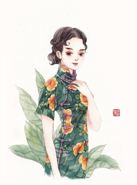 清新水彩旗袍女子插畫，唯美的古風(fēng)插畫圖集