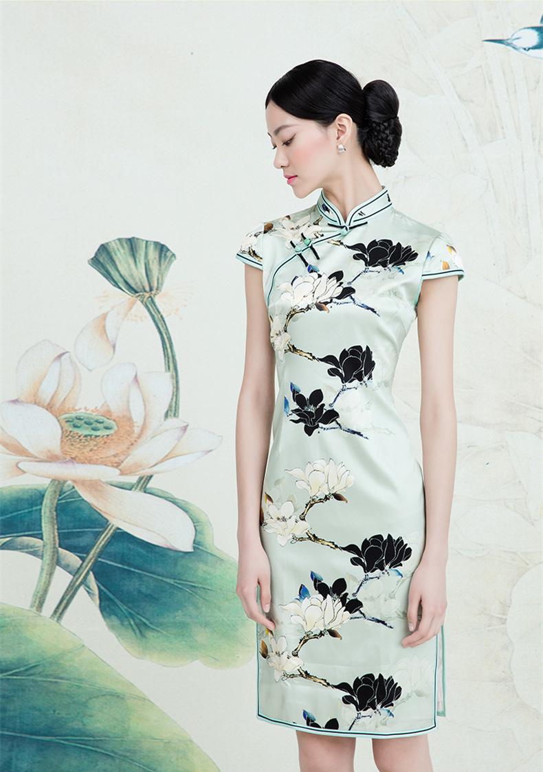 福連文苑蠶絲復古玉蘭花旗袍春夏款