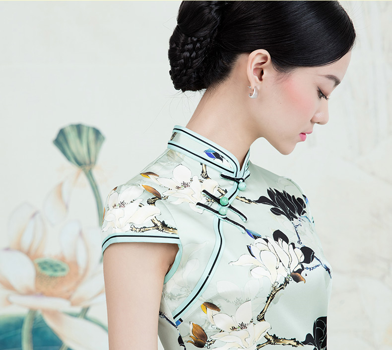 福連文苑蠶絲復古玉蘭花旗袍春夏款