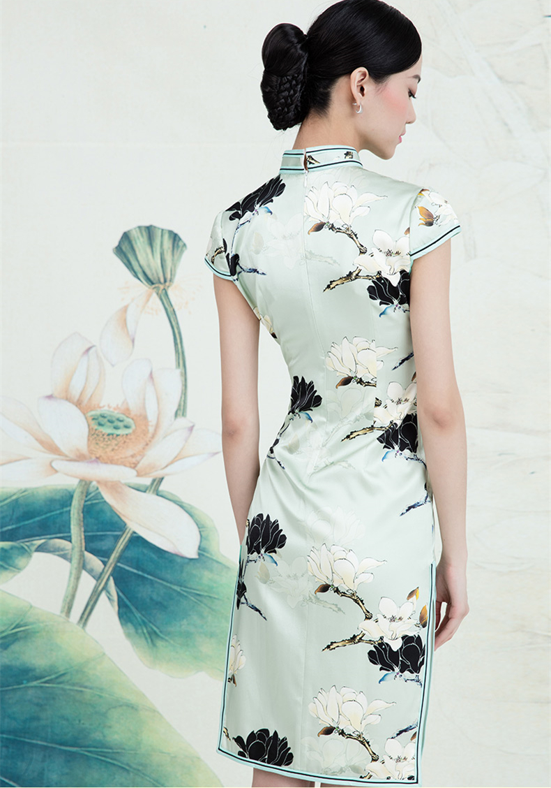 福連文苑蠶絲復古玉蘭花旗袍春夏款