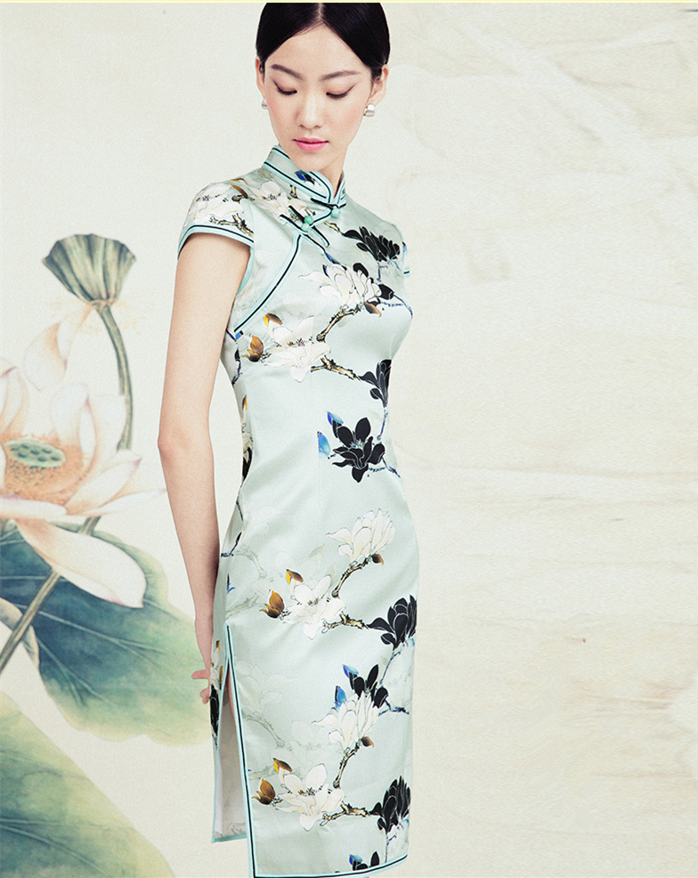 福連文苑蠶絲復古玉蘭花旗袍春夏款
