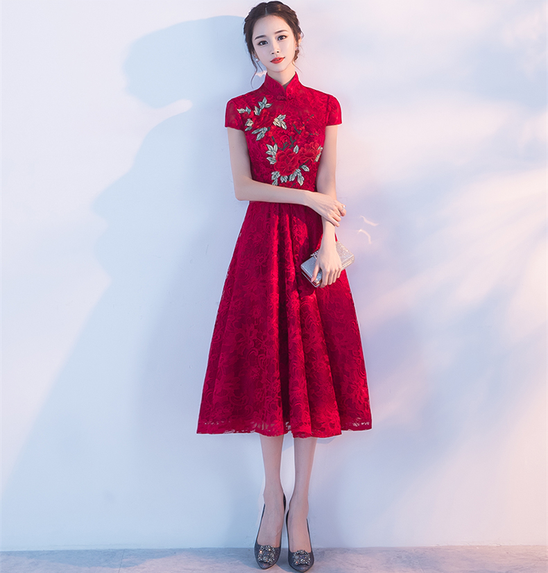 夏季酒紅色立領旗袍中式結婚禮服