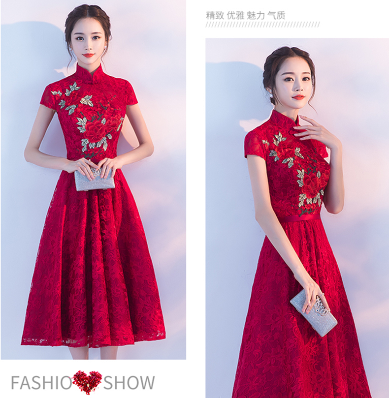 夏季酒紅色立領旗袍中式結婚禮服