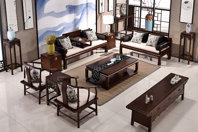 新中式仿古實(shí)木羅漢床布藝沙發(fā)組合
