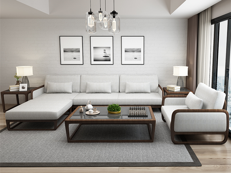 新中式簡約布藝實(shí)木沙發(fā)組合