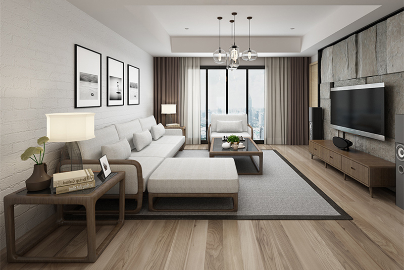 新中式簡約布藝實(shí)木沙發(fā)組合