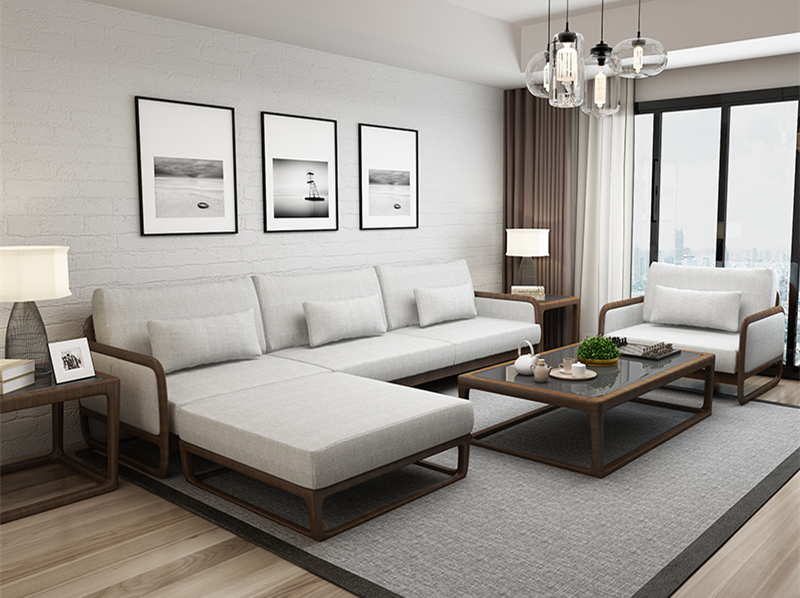 新中式簡約布藝實(shí)木沙發(fā)組合