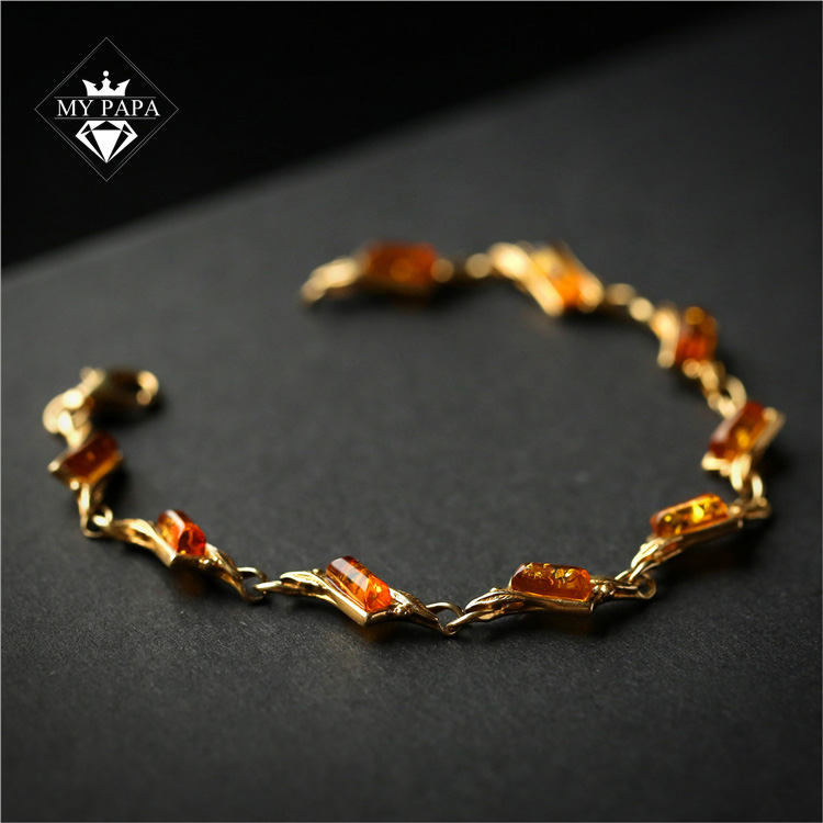 手工定制天然琥珀花珀配銀手鏈