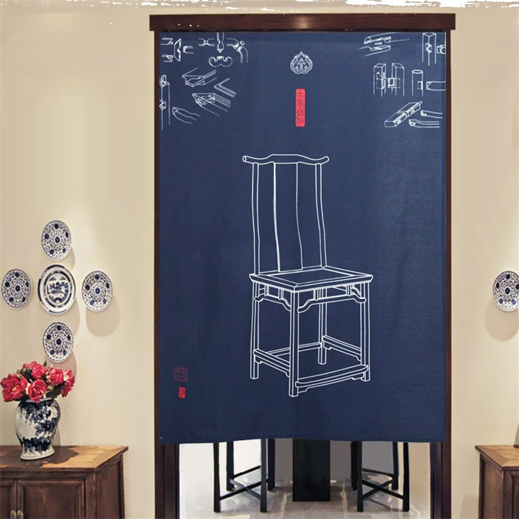 福連文苑中式棉麻藍(lán)印花布藝門(mén)簾掛簾隔斷