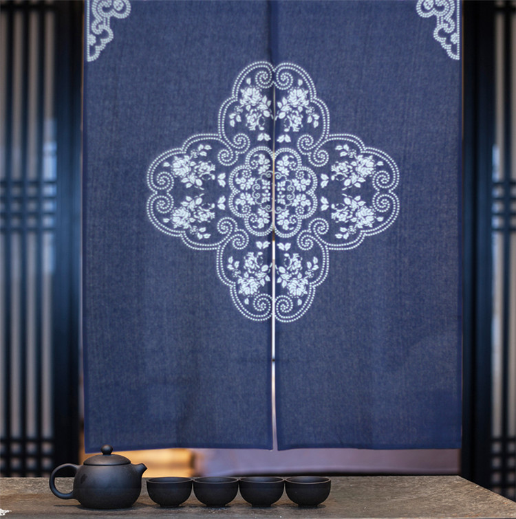 福連文苑中式棉麻藍(lán)印花布藝門(mén)簾掛簾隔斷