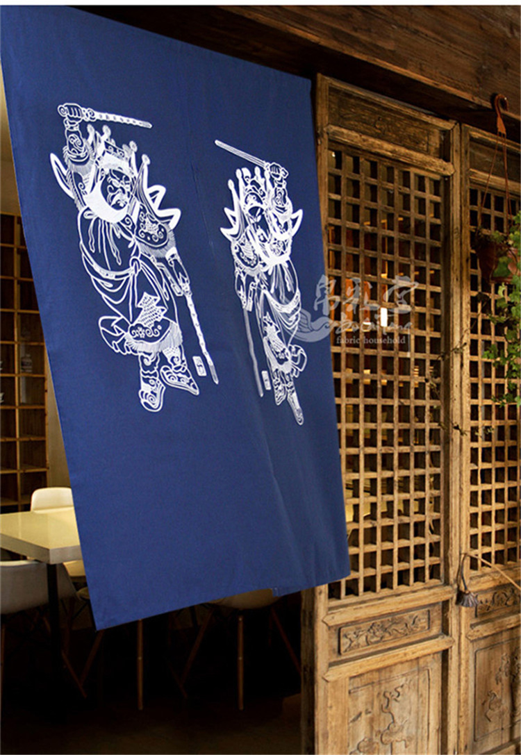 福連文苑中式棉麻藍(lán)印花布藝門(mén)簾掛簾隔斷