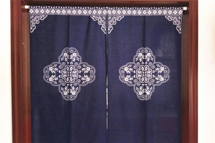 福連文苑中式棉麻藍(lán)印花布藝門(mén)簾掛簾隔斷