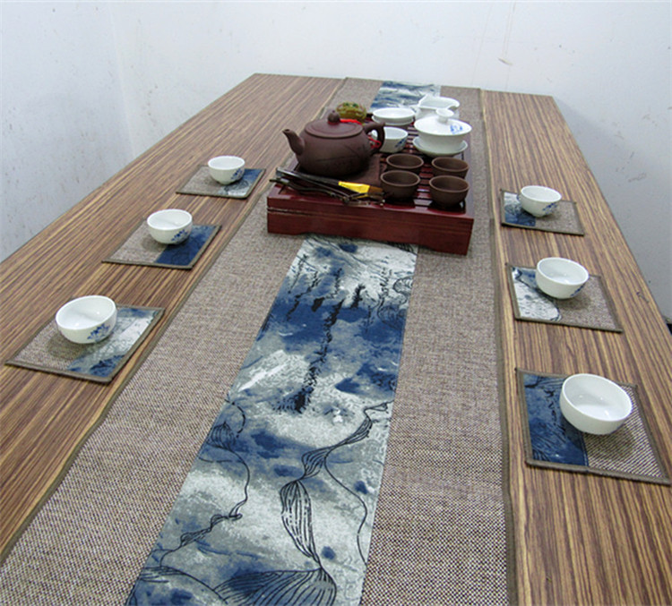 復(fù)古布藝茶巾素雅水墨粗布茶簾