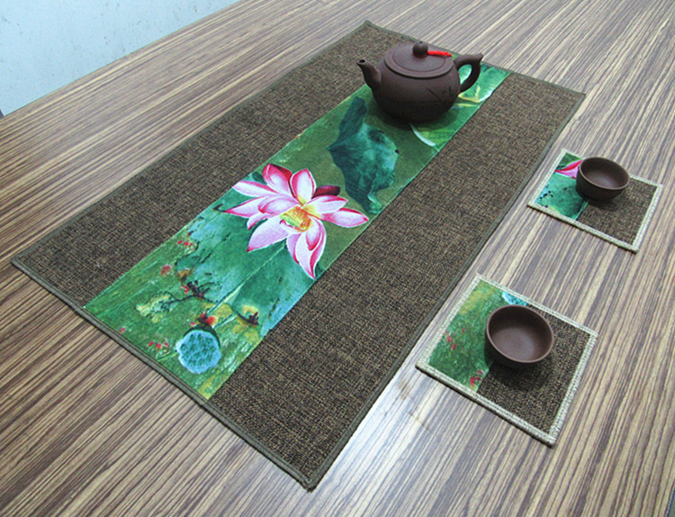 福連文苑復(fù)古棉麻布藝禪意荷花桌旗茶巾