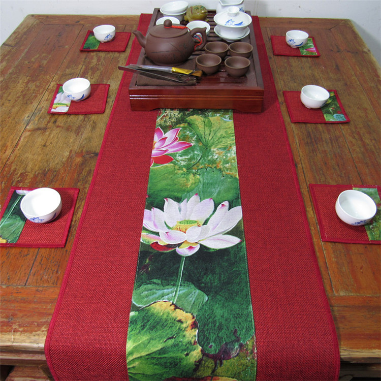 福連文苑復(fù)古棉麻布藝禪意荷花桌旗茶巾
