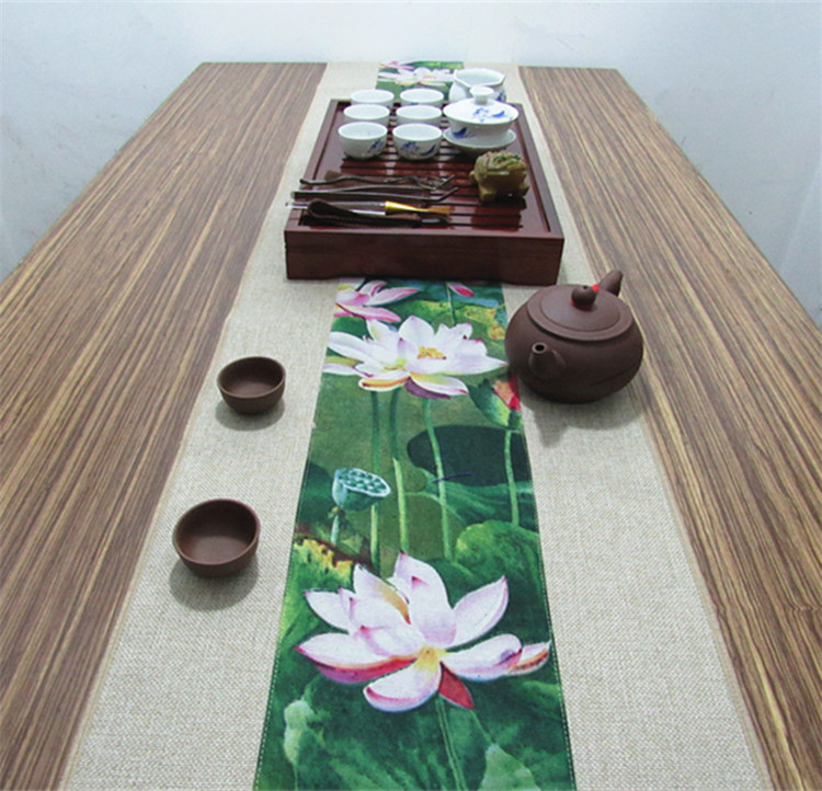 福連文苑復(fù)古棉麻布藝禪意荷花桌旗茶巾
