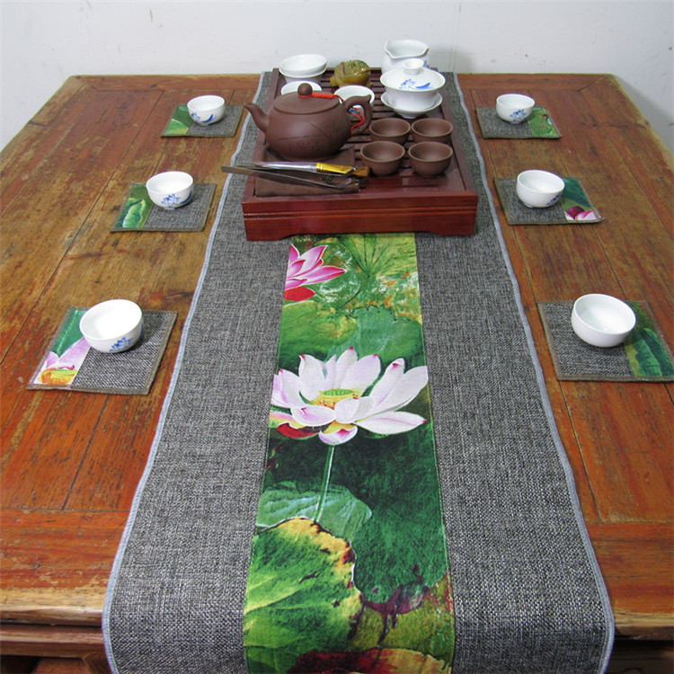 福連文苑復(fù)古棉麻布藝禪意荷花桌旗茶巾