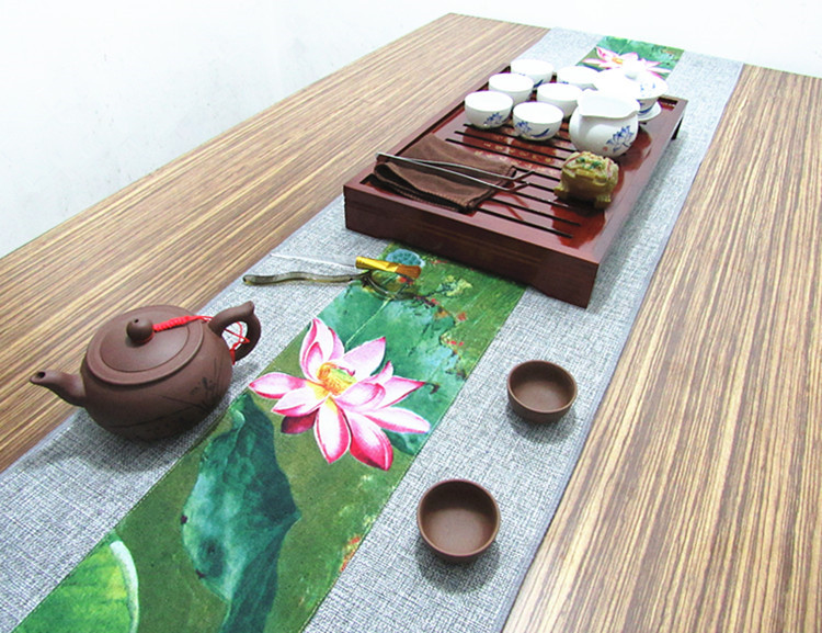 福連文苑復(fù)古棉麻布藝禪意荷花桌旗茶巾