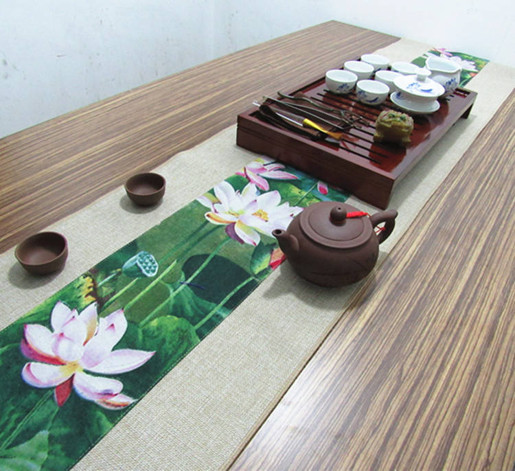 福連文苑復(fù)古棉麻布藝禪意荷花桌旗茶巾