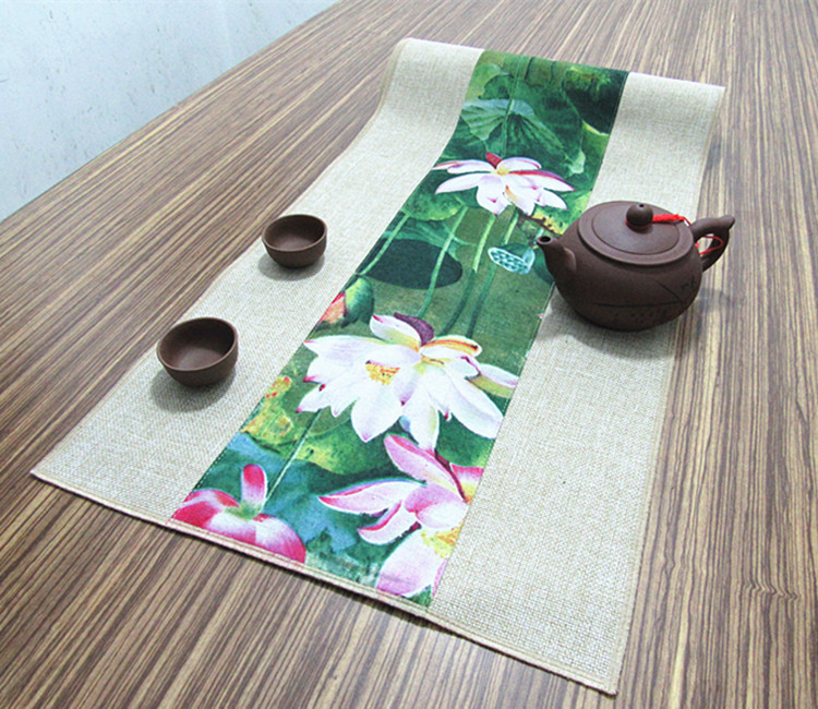 福連文苑復(fù)古棉麻布藝禪意荷花桌旗茶巾