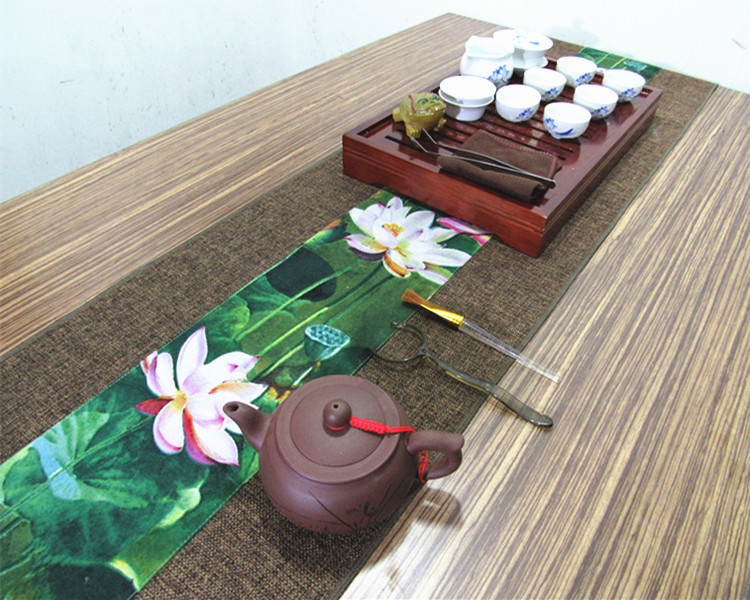 福連文苑復(fù)古棉麻布藝禪意荷花桌旗茶巾