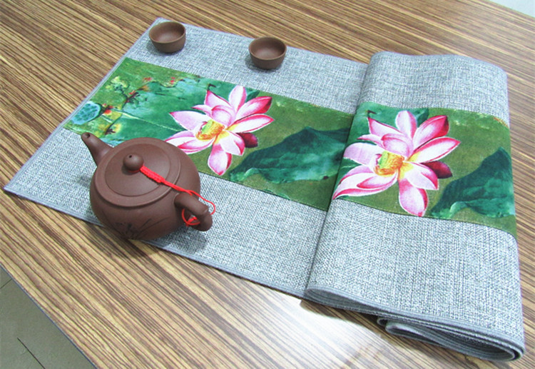 福連文苑復(fù)古棉麻布藝禪意荷花桌旗茶巾