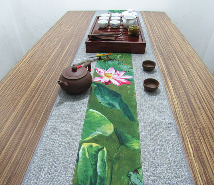 福連文苑復(fù)古棉麻布藝禪意荷花桌旗茶巾
