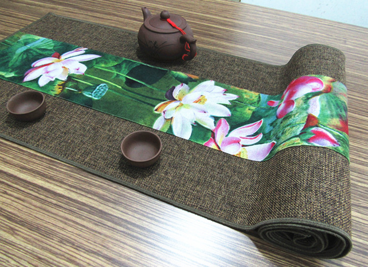 福連文苑復(fù)古棉麻布藝禪意荷花桌旗茶巾